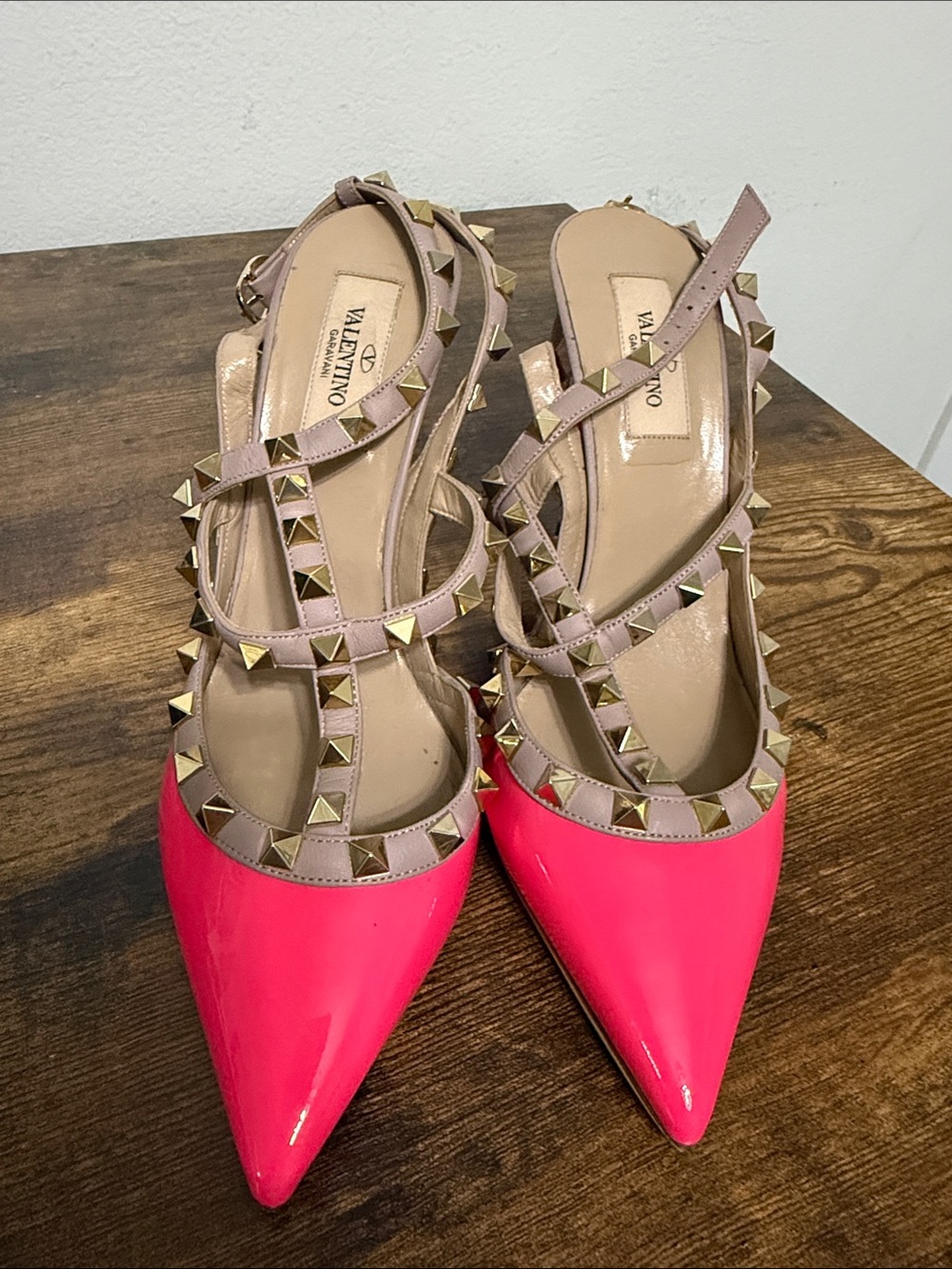 Valentino Rockstud Pointed Toe Slingback Flats in Hot Pink and Beige